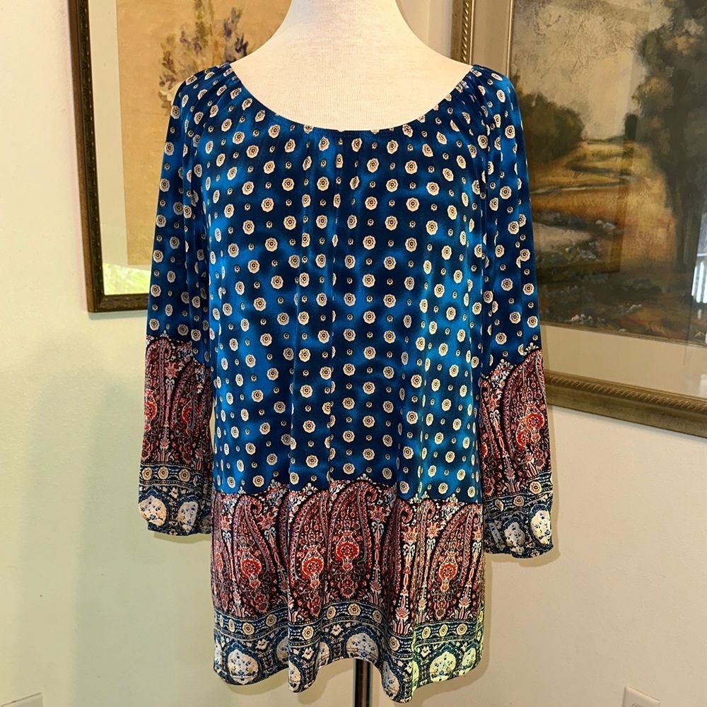 Wilde Boho Peasant Blouse - Blue Multi Contrast Patterns Size Large